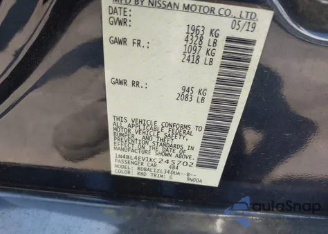 2019 Nissan Altima 2.5 Sl из США, поврежденный, VIN 1N4BL4EV1KC245702